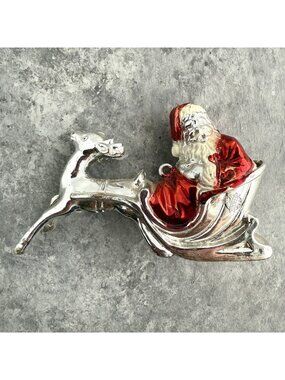 Vintage IRWIN Hard Plastic Metallic Santa Claus Reindeer Sleigh Ornament